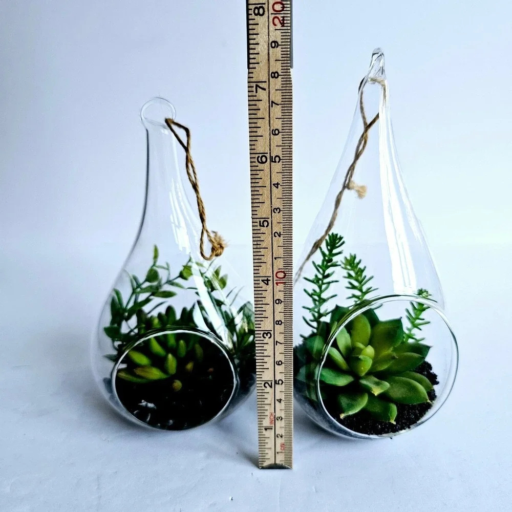 Set of 2 Glass Teardrop‎ Hanging Terrariums with Faux Succulents Home Decor